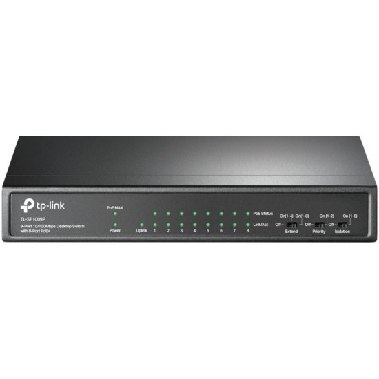 9-port 10/100Mbps unmanaged switch with 8 PoE+ ports, compliant with 802.3af/at PoE, 65W PoE budget, support 250m Extend Mode, Priority mode and Isolation mode, desktop mount, plug and play. Мрежов Комутатор 9-port 10/100Mbps unmanaged switch with 8 PoE+ ports, compliant with 802.3af/at PoE, 65W PoE budget, support 250m Extend Mode, Priority mode and Isolation mode, desktop mount, plug and play. Мрежов Комутатор