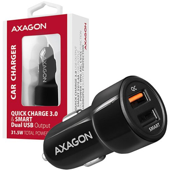 AXAGON PWC-QC5 car charger Smart 5V 2,4A + QC3.0, 30W, black Адаптер за Захранване