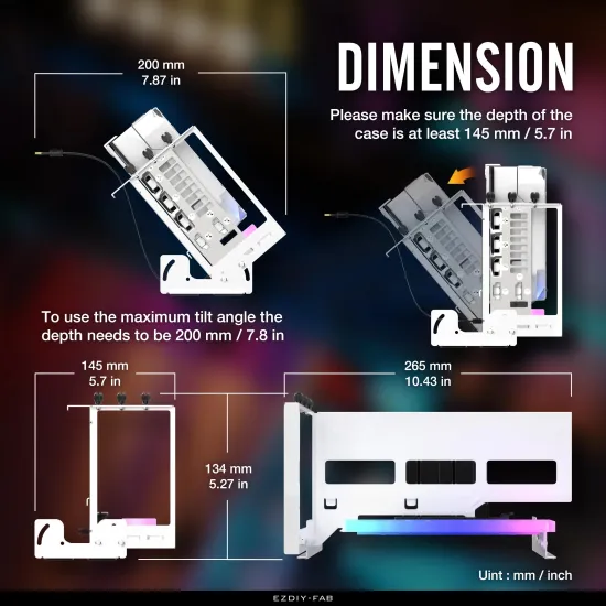 Брекет за вертикален монтаж на 45° GPU EZDIY-FAB ARGB PCIe 4.0 Riser Cable - Бял Брекет за вертикален монтаж на 45° GPU EZDIY-FAB ARGB PCIe 4.0 Riser Cable - Бял