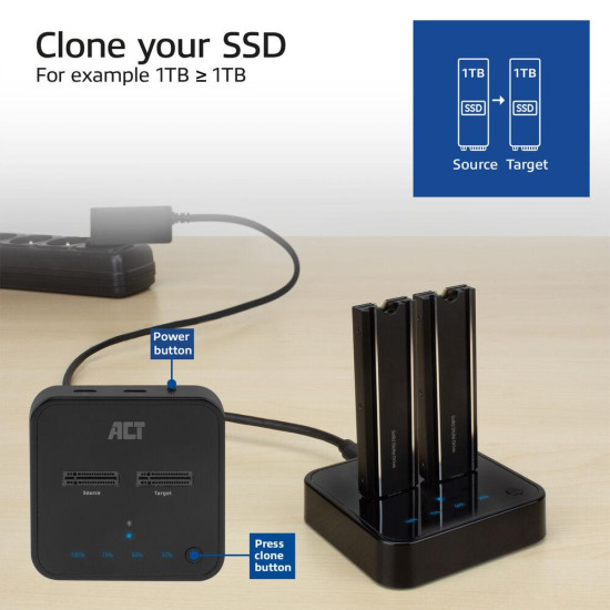 Dual SSD docking clone station, ACT M.2 NVMe/PCIe, USB-C 3.2 Gen2, 10 Gbps Dual SSD docking clone station, ACT M.2 NVMe/PCIe, USB-C 3.2 Gen2, 10 Gbps