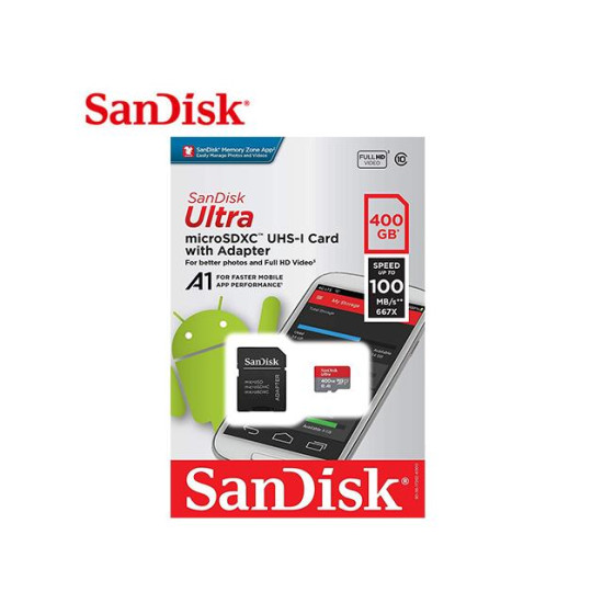 SanDisk Карта памет Ultra microSDXC,400GB + SD Adapter + 98MB/s Class 10 UHS-I A1 SanDisk Карта памет Ultra microSDXC,400GB + SD Adapter + 98MB/s Class 10 UHS-I A1