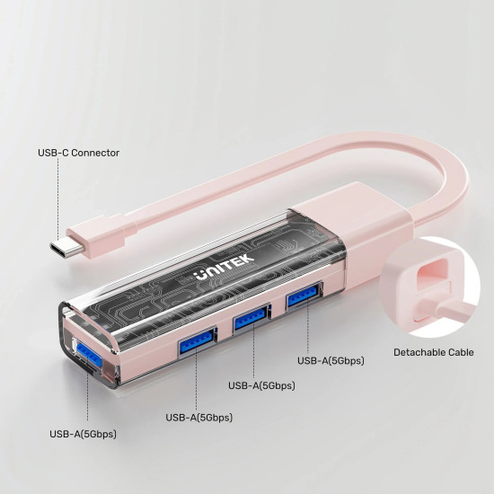 Unitek хъб USB-C/USB-A 3.0 HUB 4 port, Bi-Directional, Detachable Cable, White - H1319AWH01 Unitek хъб USB-C/USB-A 3.0 HUB 4 port, Bi-Directional, Detachable Cable, White - H1319AWH01