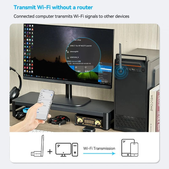 Vention безжичен адаптер WiFi USB adapter Dual Band, 650Mbps, Black - KDTB0