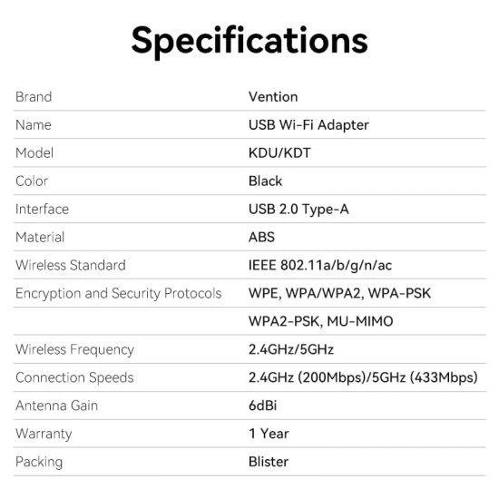 Vention безжичен адаптер WiFi USB adapter Dual Band, 650Mbps, Black - KDTB0