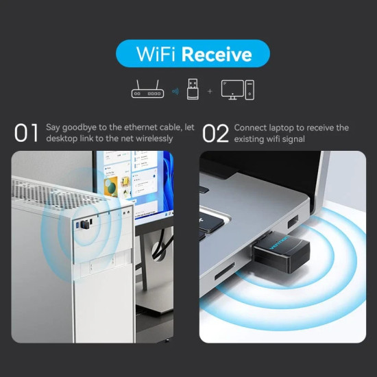 Vention безжичен адаптер WiFi USB adapter Dual Band, 650Mbps, Black - KDSB0