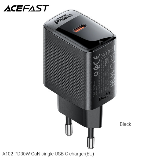 Acefast Универсално зарядно за стена Charger Wall GaN PD30W - A102 - USB-C x 1, Black Acefast Универсално зарядно за стена Charger Wall GaN PD30W - A102 - USB-C x 1, Black