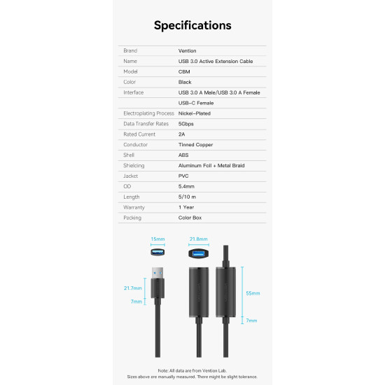 Vention Кабел удължение USB 3.0 AM / AF Active Extension Cable 5M Black - CBMBJ Vention Кабел удължение USB 3.0 AM / AF Active Extension Cable 5M Black - CBMBJ