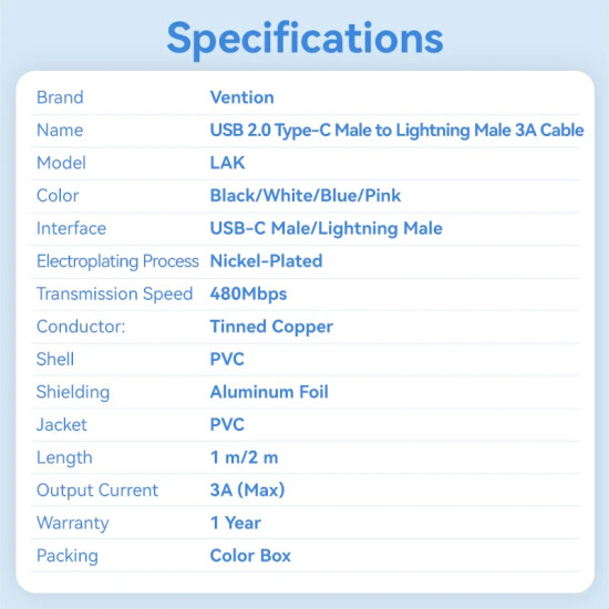 Vention кабел Cable USB 2.0 Type-C to Lighting 1m White - LAKWF Vention кабел Cable USB 2.0 Type-C to Lighting 1m White - LAKWF