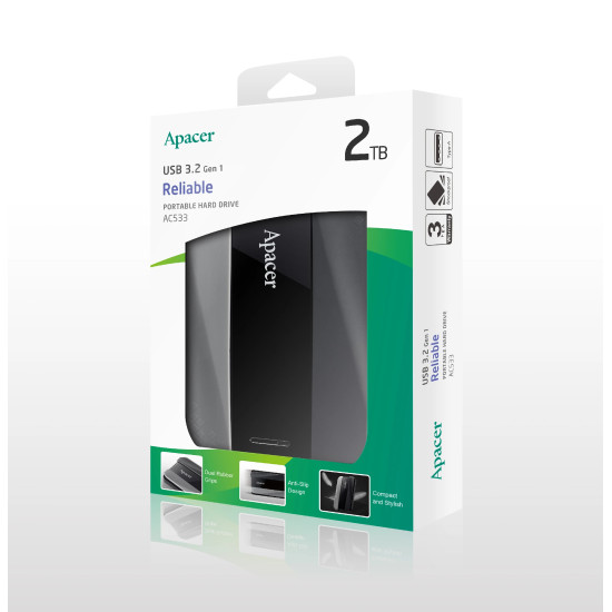 Apacer Външен хард диск Portable Hard Drive AC533 2TB USB 3.2 Gen 1, Black Apacer Външен хард диск Portable Hard Drive AC533 2TB USB 3.2 Gen 1, Black