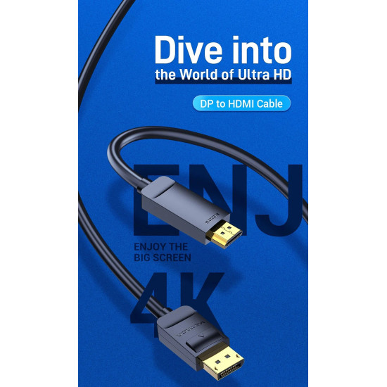 Vention кабел Cable DisplayPort to HDMI 3.0m - 4K, Gold Plated - HFOBI Vention кабел Cable DisplayPort to HDMI 3.0m - 4K, Gold Plated - HFOBI