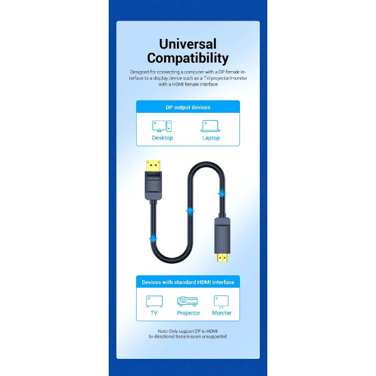Vention кабел Cable DisplayPort to HDMI 3.0m - 4K, Gold Plated - HFOBI Vention кабел Cable DisplayPort to HDMI 3.0m - 4K, Gold Plated - HFOBI