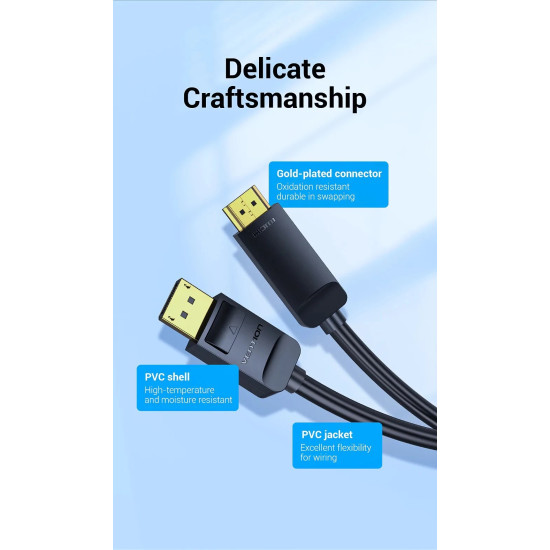 Vention кабел Cable DisplayPort to HDMI 3.0m - 4K, Gold Plated - HFOBI Vention кабел Cable DisplayPort to HDMI 3.0m - 4K, Gold Plated - HFOBI