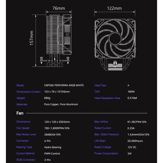 Zalman охладител за процесор CPU Cooler CNPS9X PERFORMA ARGB WHITE - aRGB - LGA1700/AM5 Zalman охладител за процесор CPU Cooler CNPS9X PERFORMA ARGB WHITE - aRGB - LGA1700/AM5