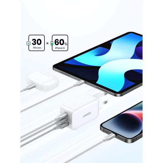 Ugreen универсално зарядно за стена Charger Wall 65W GaN CD244, 1 x USB-A, 2 x Type-C, White - 15334 Ugreen универсално зарядно за стена Charger Wall 65W GaN CD244, 1 x USB-A, 2 x Type-C, White - 15334