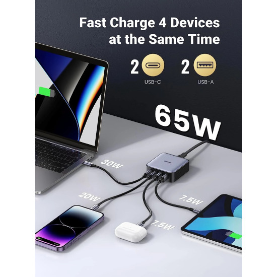 Ugreen универсално зарядно за стена Charger Wall 65W GaN Nexode CD327, 2 x USB-A, 2 x Type-C - 90747 Ugreen универсално зарядно за стена Charger Wall 65W GaN Nexode CD327, 2 x USB-A, 2 x Type-C - 90747