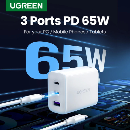 Ugreen универсално зарядно за стена Charger Wall 65W GaN CD275, 1 x USB-A, 2 x Type-C - 90496 Ugreen универсално зарядно за стена Charger Wall 65W GaN CD275, 1 x USB-A, 2 x Type-C - 90496
