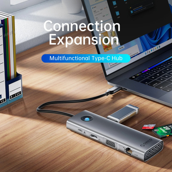 Orico докинг станция Type-C Docking Station Power Distribution 100W - HDMI, Type-C x 1, USB3.0 x 3, LAN 1000Mbps Gigabit, SD/TF, VGA, Audio - PW11-10P-GY Orico докинг станция Type-C Docking Station Power Distribution 100W - HDMI, Type-C x 1, USB3.0 x 3, LAN 1000Mbps Gigabit, SD/TF, VGA, Audio - PW11-10P-GY