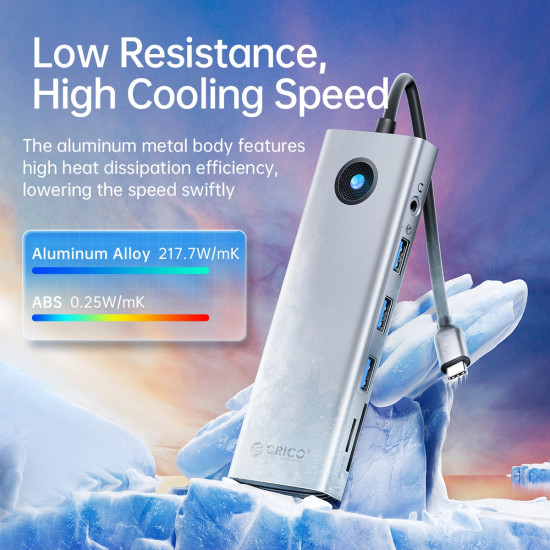 Orico докинг станция Type-C Docking Station Power Distribution 100W - HDMI, Type-C x 1, USB3.0 x 3, LAN 1000Mbps Gigabit, SD/TF, VGA, Audio - PW11-10P-GY Orico докинг станция Type-C Docking Station Power Distribution 100W - HDMI, Type-C x 1, USB3.0 x 3, LAN 1000Mbps Gigabit, SD/TF, VGA, Audio - PW11-10P-GY