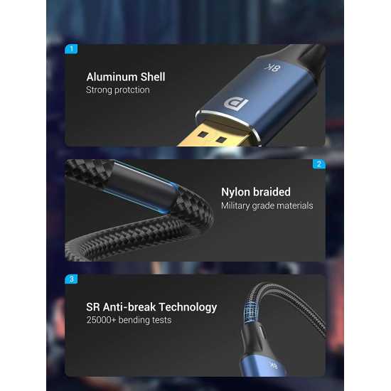 Vention кабел Display Port 1.4 DP M / M 8K 1.5m - Cotton Braided, Blue Aluminum Alloy - HCELG Vention кабел Display Port 1.4 DP M / M 8K 1.5m - Cotton Braided, Blue Aluminum Alloy - HCELG