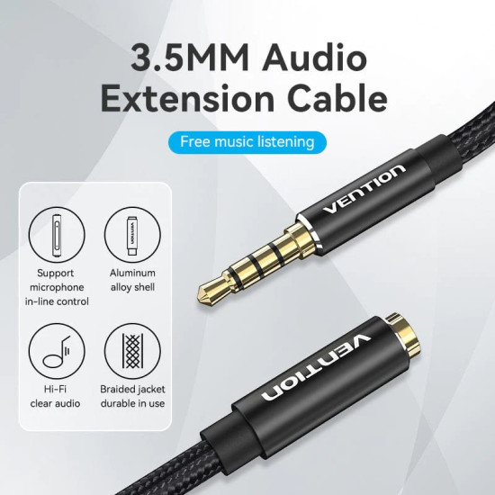Vention Аудио Кабел Cotton Braided TRRS 3.5mm Male to 3.5mm F - 1m - Gold plated, Aluminum alloy - BHCBF Vention Аудио Кабел Cotton Braided TRRS 3.5mm Male to 3.5mm F - 1m - Gold plated, Aluminum alloy - BHCBF