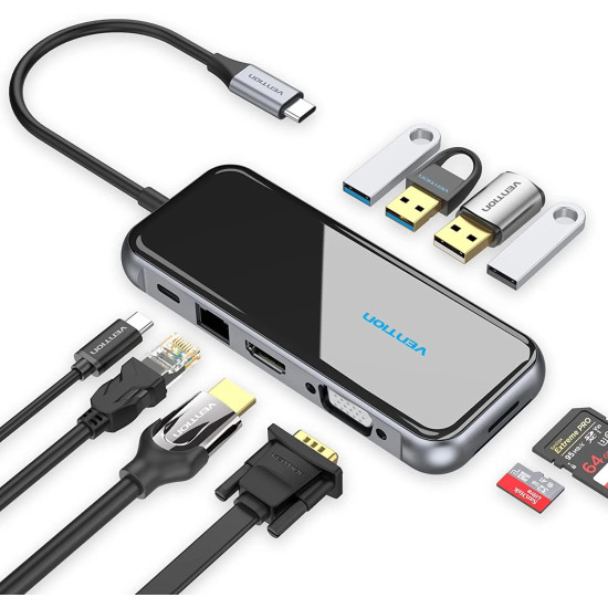 Vention докинг станция Type-C Docking Station Power Distribution 3.0 87W - HDMI, Type-C x 1, USB3.0 x 2, USB 2.0 x 2, LAN, SD/TF, VGA - TFGHB Vention докинг станция Type-C Docking Station Power Distribution 3.0 87W - HDMI, Type-C x 1, USB3.0 x 2, USB 2.0 x 2, LAN, SD/TF, VGA - TFGHB