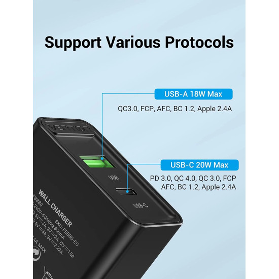 Vention бързо зарядно Fast Charger Wall - QC4.0, PD Type-C + QC3.0 USB A, 20W Black - FBBB0 Vention бързо зарядно Fast Charger Wall - QC4.0, PD Type-C + QC3.0 USB A, 20W Black - FBBB0