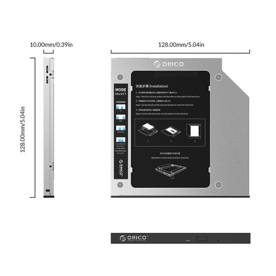 Orico тънко кади за лаптоп Laptop Caddy 9.0-9.5mm SATA3 with LED/switch - M95SS-SV Orico тънко кади за лаптоп Laptop Caddy 9.0-9.5mm SATA3 with LED/switch - M95SS-SV