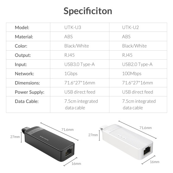 Orico адаптер USB to LAN 100Mbps black - UTK-U2 Orico адаптер USB to LAN 100Mbps black - UTK-U2