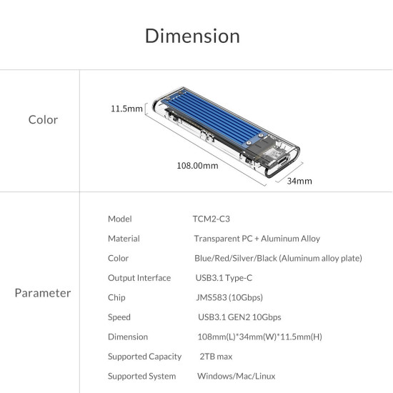 Orico външна кутия за диск Storage - Case - M.2 NVMe M key - USB3.1 Type-C - TCM2-C3-BK Orico външна кутия за диск Storage - Case - M.2 NVMe M key - USB3.1 Type-C - TCM2-C3-BK