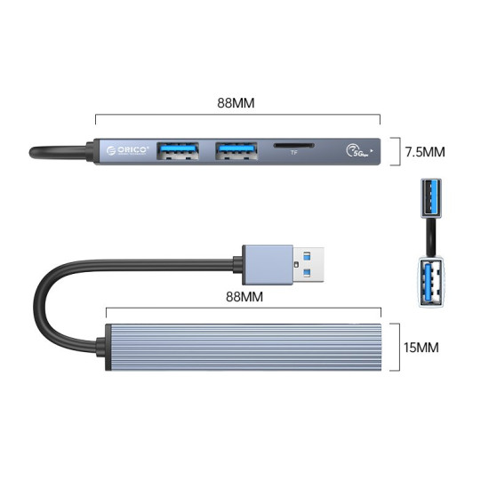 Orico хъб USB3.0/2.0 HUB 3 port + card reader, Aluminum - AH-A12F-GY Orico хъб USB3.0/2.0 HUB 3 port + card reader, Aluminum - AH-A12F-GY