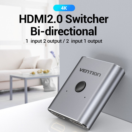 Vention Разклонител превключвател HDMI 2.0 Switcher/Splitter 2-Port Bi-Direction - Silver Aluminium - AFUH0 Vention Разклонител превключвател HDMI 2.0 Switcher/Splitter 2-Port Bi-Direction - Silver Aluminium - AFUH0