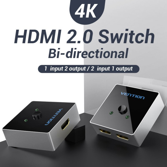 Vention Разклонител превключвател HDMI 2.0 Switcher/Splitter 2-Port Bi-Direction - Grey Aluminium - AFLH0 Vention Разклонител превключвател HDMI 2.0 Switcher/Splitter 2-Port Bi-Direction - Grey Aluminium - AFLH0