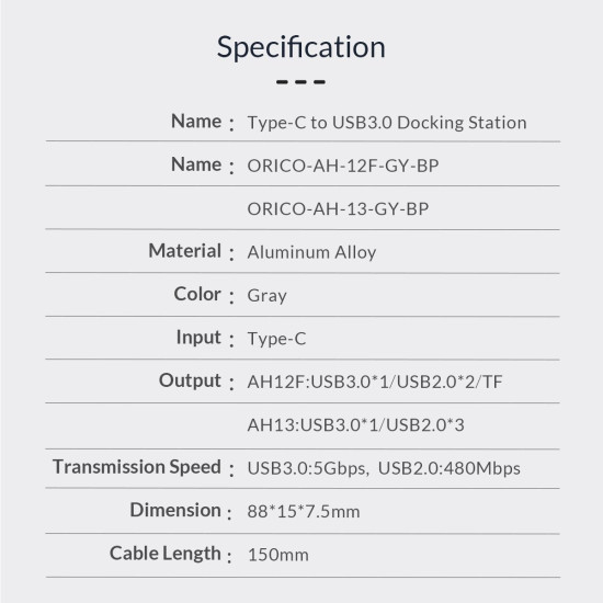 Orico хъб USB3.0/2.0 HUB 4 port - Type-C input - AH-13-GY Orico хъб USB3.0/2.0 HUB 4 port - Type-C input - AH-13-GY