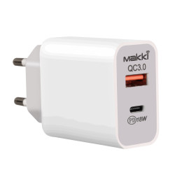 Makki бързо зарядно Fast Charger Wall - QC3.0 + Power Distribution Type-C 18W White - MAKKI-PQ18W-WH Makki бързо зарядно Fast Charger Wall - QC3.0 + Power Distribution Type-C 18W White - MAKKI-PQ18W-WH