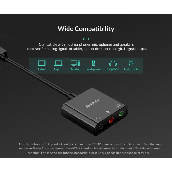 Orico външна звукова карта USB Sound card - Headphones, Mic, 4 PIN headset, Black - SKT3-BK Orico външна звукова карта USB Sound card - Headphones, Mic, 4 PIN headset, Black - SKT3-BK