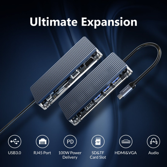 Orico докинг станция Type-C Docking Station Power Distribution 3.0 100W - HDMI, Type-C x 1, USB3.0 x 3, USB 2.0 x 1, LAN, SD, VGA, Audio - WB-11P-GY Orico докинг станция Type-C Docking Station Power Distribution 3.0 100W - HDMI, Type-C x 1, USB3.0 x 3, USB 2.0 x 1, LAN, SD, VGA, Audio - WB-11P-GY