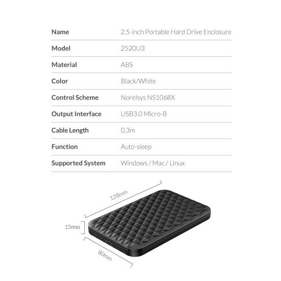 Orico кутия за диск Storage - Case - 2.5 inch USB3.0 - 2520U3-BK-EP Orico кутия за диск Storage - Case - 2.5 inch USB3.0 - 2520U3-BK-EP