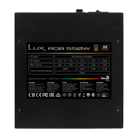AeroCool захранване PSU LUX RGB 550W - Bronze, RGB Addressable - ACPB-LX55AEC.11 AeroCool захранване PSU LUX RGB 550W - Bronze, RGB Addressable - ACPB-LX55AEC.11