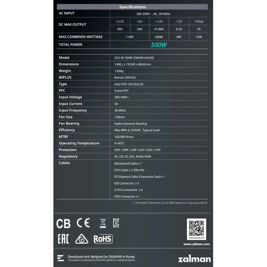 Zalman захранване PSU 500W Bronze - ZM500-GV2 SE