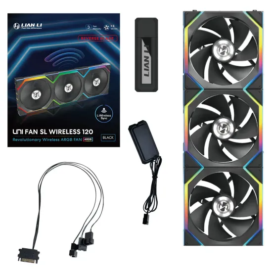 Triple Pack Lian Li UNI FAN SL Wireless ARGB PWM Reverse Blade - 120 mm Black + Controller Triple Pack Lian Li UNI FAN SL Wireless ARGB PWM Reverse Blade - 120 mm Black + Controller