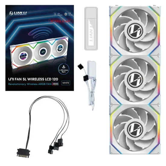 Triple Fan Pack Lian Li UNI FAN SL Wireless LCD ARGB PWM Reverse Blade - 120 mm White Triple Fan Pack Lian Li UNI FAN SL Wireless LCD ARGB PWM Reverse Blade - 120 mm White