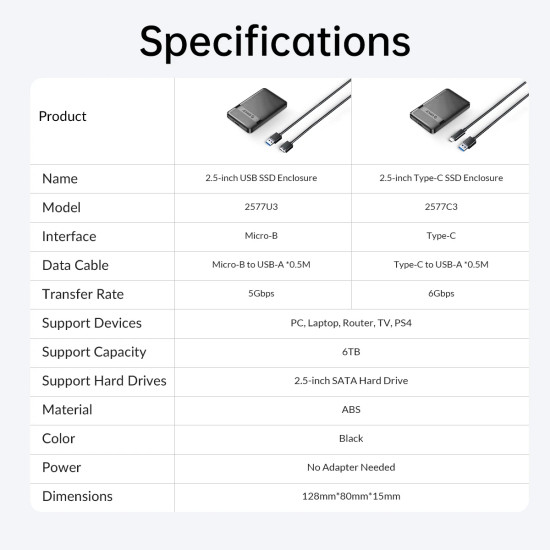 Orico кутия за диск Storage - Case - 2.5 inch USB-C - 2577C3-V1-BK Orico кутия за диск Storage - Case - 2.5 inch USB-C - 2577C3-V1-BK