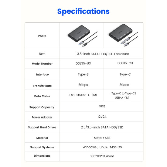 Orico кутия за диск Storage - Case - 3.5 inch USB-C black - DDL35-C3-EU-BK Orico кутия за диск Storage - Case - 3.5 inch USB-C black - DDL35-C3-EU-BK