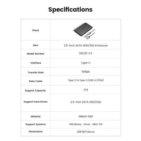 Orico външна кутия за диск Storage - Case - 2.5 inch USB-C/A Black - DDL25-C3-BK Orico външна кутия за диск Storage - Case - 2.5 inch USB-C/A Black - DDL25-C3-BK