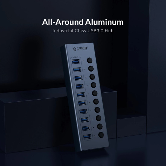Orico хъб USB3.0 HUB 7 port with Power Adapter, On/Off buttons, Aluminium - BT2U3-7AB-EU-GY