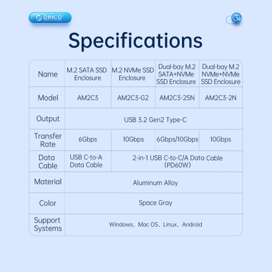 Orico външна кутия за диск Storage - Case - M.2 NVMe M-key 10 Gbps, Aluminium - AM2C3-G2-GY Orico външна кутия за диск Storage - Case - M.2 NVMe M-key 10 Gbps, Aluminium - AM2C3-G2-GY