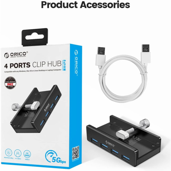 Orico хъб USB 3.0 HUB Clip Type 4 port - aux Micro-USB power input, Black - MH4PU-P-BK