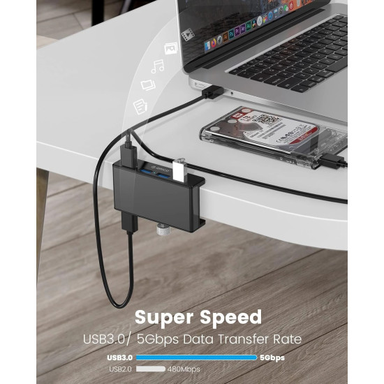 Orico хъб USB 3.0 HUB Clip Type 4 port - aux Micro-USB power input, Black - MH4PU-P-BK