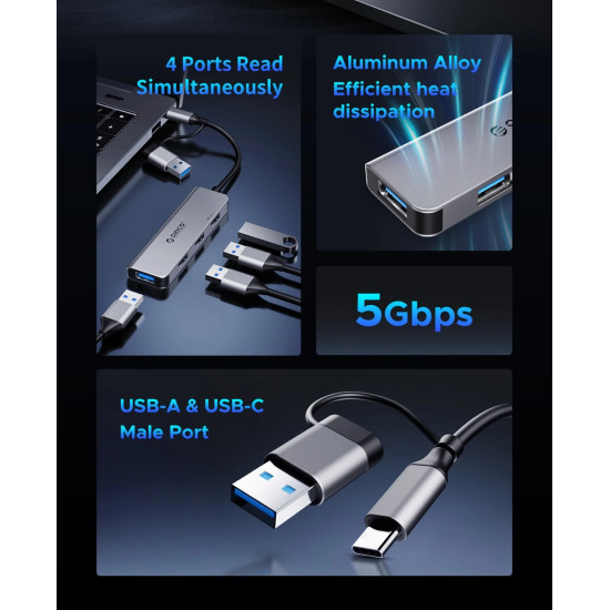 Orico хъб HUB USB-C/USB-A 4 port - USB3.0 x 1, USB2.0 x 3, Aluminium - YSA5-U3-GY