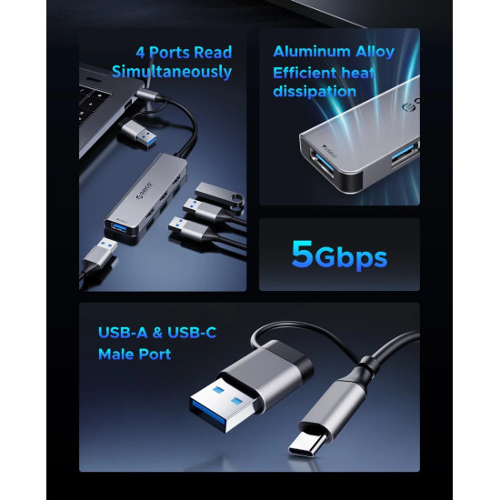 Orico хъб HUB USB-C/A 4 port - USB3.0 x 1, SD/TF x 2, USB2.0 x 2, USB-C x 2, Aluminium - YSA6-U3-GY